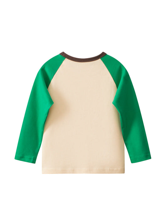Autumn Arrival Kids Girls Cartoon Print Crew Neck Long Sleeves Color Patchwork Top-1