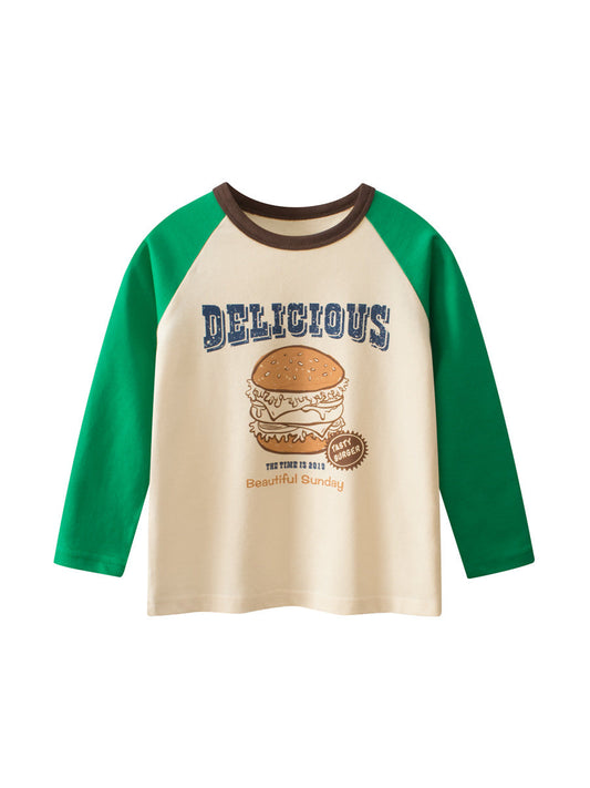 Autumn Arrival Kids Girls Cartoon Print Crew Neck Long Sleeves Color Patchwork Top-0