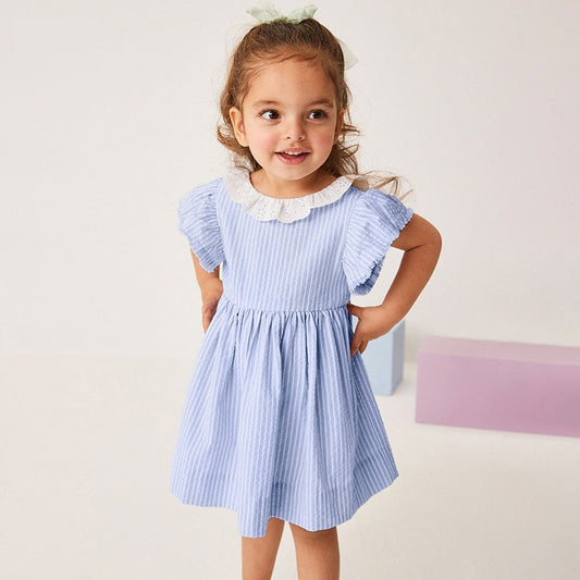 Spring And Summer Baby Girls Ruffle Collar Short Sleeves Striped Dress-0